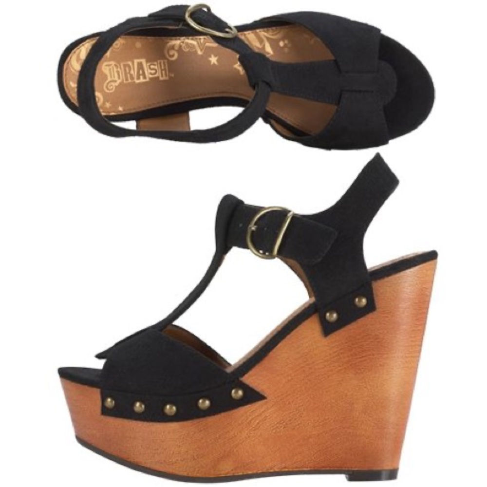 Wooden Black Suede Stud Wedges Size 6.5